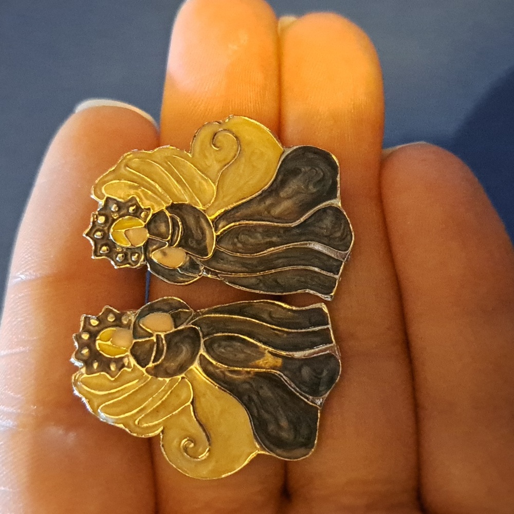 Angel earrings blue white blonde large studs religious Christmas 90s 80s - Picture 1 of 3